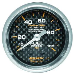Gauge, Carbon Fiber, Fuel Pressure, 0-100 psi, 2 1/16 in., Analog, Mechanical, Each