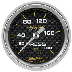 Gauges, Carbon Fiber Ultra-Lite Analog Gauges, Pressure, 0-200 psi, 2 1/16 in., Carbon Fiber Face, White Numbers, Silver Bezel, Mechanical, Each
