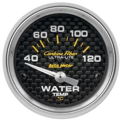 Gauges, Carbon Fiber Ultra-Lite Analog Gauges, Water Temperature, 40-120 Degrees C, 2 1/16 in., Carbon Fiber Face, Silver Bezel, Electrical, Each