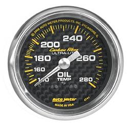 Gauge, Carbon Fiber, Oil Temperature, 140-280 Degrees F, 2 1/16 in., Analog, Mechanical, Each