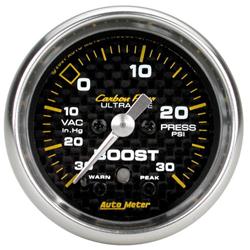 Gauge, Carbon Fiber, Boost/Vacuum, 30 in. Hg/30 psi, 2 1/16 in., Analog, Electrical, Each