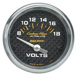Gauge, Carbon Fiber, Voltmeter, 8-18 V, 2 1/16 in., Analog, Electrical, Each