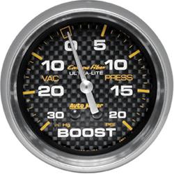 Gauge, Carbon Fiber, Boost/Vacuum, 30 in. Hg/20 psi, 2 5/8 in., Analog, Mechanical, Each