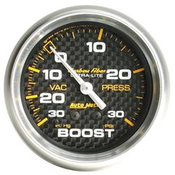 Gauge, Carbon Fiber, Boost/Vacuum, 30 in. Hg/30 psi, 2 5/8 in., Analog, Mechanical, Each