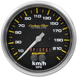 Gauges, Carbon-Fiber Ultra-Lite GPS Speedometer, 0-225 kph, 5 in., Analog, Carbon Fiber Face, Silver Bezel, Electrical, Each