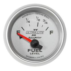 Gauges, Ultra-Lite II Analog Gauges, Fuel Level, Empty-Full, 2 1/16 in., Silver Face, Black Numbers, Silver Bezel, Illuminated, Electrical, Each