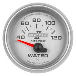Gauges, Ultra-Lite II Analog Gauges, Water Temperature, 40-120 degrees C, 2 1/16 in., Silver Face, Black Numbers, Silver Bezel, Electrical, Each