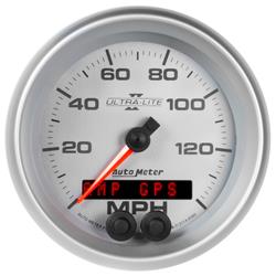 Gauges, Ultra-Lite II Speedometers, Analog, 0-140 mph, 3 3/8 in., Silver Face, Black Numbers, Silver Bezel, Illuminated, Electrical, Each