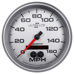Gauges, Ultra-Lite II Speedometers, Analog, 0-160 mph, 5 in., Silver Face, Black Numbers, Silver Bezel, Illuminated, Electrical, Each