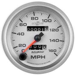 Gauges, Ultra-Lite II Speedometers, Analog, 0-160 mph, 3 3/8 in., Silver Face, Black Numbers, Silver Bezel, Illuminated, Mechanical, Each