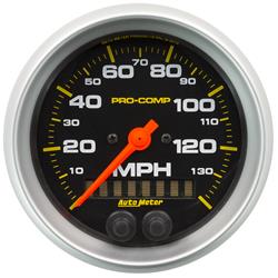 Gauges, Pro-Comp Series Speedometers, Analog, 0-140 mph, 3 3/8 in., Black Face, White Numbers, Silver Bezel, Illuminated, Electrical, Each