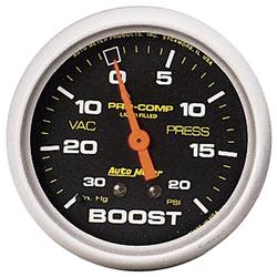 Gauge, Pro-Comp, Boost/Vacuum, 30 in. Hg/20 psi, 2 5/8 in., Analog, Mechanical, Each