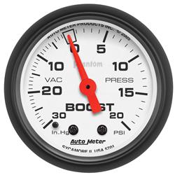 Gauge, Phantom, Boost/Vacuum, 30 in. Hg/20 psi, 2 1/16 in., Analog, Mechanical, Each