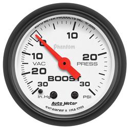 Gauge, Phantom, Boost/Vacuum, 30 in. Hg/30 psi, 2 1/16 in., Analog, Mechanical, Each