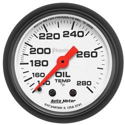 Gauge, Phantom, Oil Temperature, 140-280 Degrees F, 2 1/16 in., Analog, Mechanical, Each
