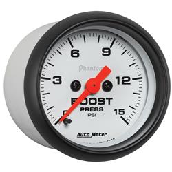 Gauge, Phantom, Boost Pressure, 2 1/16 in., 0-15 psi, Full Sweep, White Face, Red Pointer, Black Bezel, Electrical, Each