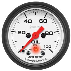 Gauge, Phantom, Oil Pressure, 2 1/16 in., 0-100 psi, Full Sweep, White Face, Red Pointer, Black Bezel, Electrical, Each