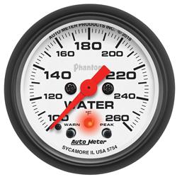 Gauge, Phantom, Water Tempurature, 2 1/16 in., 100-260 degrees F, Full Sweep, White Face, Red Pointer, Black Bezel, Electrical, Each