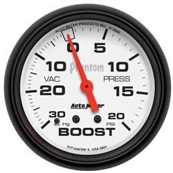 Gauge, Phantom, Boost/Vacuum, 30 in. Hg/20 psi, 2 5/8 in., Analog, Mechanical, Each