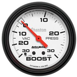 Gauge, Phantom, Boost/Vacuum, 30 in. Hg/30 psi, 2 5/8 in., Analog, Mechanical, Each