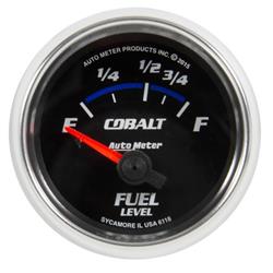 Gauges, Cobalt Analog Gauges, Fuel Level, Empty-Full, 2 1/16 in., Black Face, White/Blue Numbers, Silver Bezel, Electrical, Each
