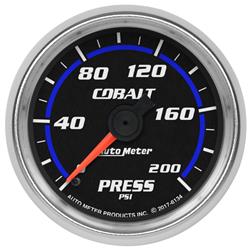 Gauges, Cobalt Analog Gauges, Pressure, 0-200 psi, 2 1/16 in., Black Face, White/Blue Numbers, Silver Bezel, Mechanical, Each