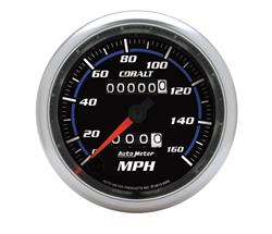 Gauges, Cobalt In-Dash Speedometers, Analog, 0-160 mph, 3 3/8 in., Black Face, White/Blue Numbers, Silver Bezel, Illuminated, Mechanical, Each