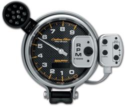 Tachometer, Carbon Fiber Pro Stock, 0-9,000 rpm, 5 in., Analog, Electrical, with Shift Light/Memory, Each