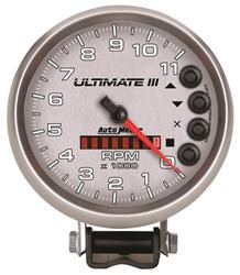 Gauge, Ultimate III, Tachometer, 0-11,000 rpm, 5 in., Silver Face, Memory Recall, Analog, Electrical, Each