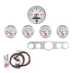 Instrument Cluster, Arctic White, Analog, Speedometer, Oil Pressure, Water Temperature, Fuel Level, Voltmeter, White Face, Polished Panel, Ford, Kit