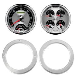 Gauge Kit, American Muscle, Analog, Silver Face, Speedometer, Oil, Water, Volt, Fuel, White Numbers, Red Pointers, Aluminum Panel, Chevy, Kit