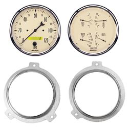 Gauge Kit, Antique Beige, Analog, Speedometer, Oil, Water, Volt, Fuel, Black Numbers and Pointers, Aluminum Panel, Chevy, Kit