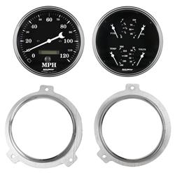 Gauge Kit, Old Tyme Black, Analog, Speedometer, Oil, Water, Volt, Fuel, White Numbers and Pointers, Aluminum Panel, Chevy, Kit