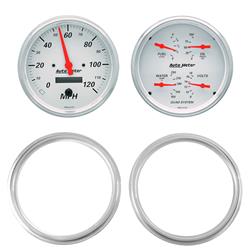 Gauge Kit, Arctic White, Analog, Speedometer, Oil, Water, Volt, Fuel, Black Numbers, Red Pointers, Aluminum Panel, Chevy, Kit