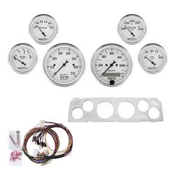 Instrument Cluster, Old Tyme White, Analog, Speedometer, Tach, Oil Pressure, Water Temperature, Fuel Level, White Face, Polished Panel, Chevy, Kit