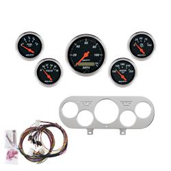 Gauges, Designer Black Instrument Cluster, Analog, Speedometer, Water Temperature, Fuel Level, Voltmeter, Black Face, Polished Gauge Panel, Chevy, Kit