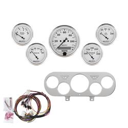 Instrument Cluster, Old Tyme White, Analog, Speedometer, Oil Pressure, Water Temperature, Fuel Level, Voltmeter, Polished Gauge Panel, Chevy, Kit