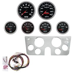 Gauge Kit, Sport-Comp II, Analog, Black Face, Speedometer, Tachometer, Oil, Water, Volt, Fuel, White Numbers, Red Pointers, Aluminum Panel, Chevy, Kit