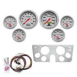 Gauges, Ultra-Lite Instrument Cluster, Analog, Speedometer, Tach, Water Temperature, Fuel Level, Silver Face, Polished Gauge Panel, Chevy, GMC, Kit