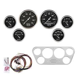 Instrument Cluster, Old Tyme Black Series, Analog, Speedometer, Tach, Oil Pressure, Water Temperature, Fuel Level, Polished Panel, Ford, Kit