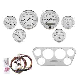 Instrument Cluster, Old Tyme White, Analog, Speedometer, Tach, Oil Pressure, Water Temperature, Fuel Level, Voltmeter, Polished Panel, Ford, Kit