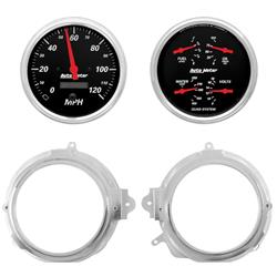 Gauge Kit, Designer Black, Analog, Speedometer, Oil, Water, Volt, Fuel, White Numbers, Red Pointers, Aluminum Panel, Chevy, Pontiac, Kit