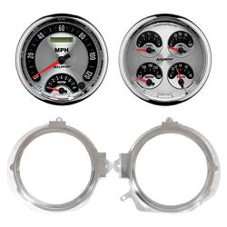 Gauge Kit, American Muscle, Analog, Silver Face, Speedometer, Oil, Water, Volt, Fuel, White Numbers, Red Pointers, Aluminum Panel, Chevy, Pontiac, Kit