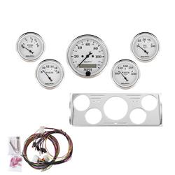 Instrument Cluster, Old Tyme White, Analog, Speedometer, Oil Pressure, Water Temperature, Fuel Level, Voltmeter, Polished Panel, Chevy, GMC, Kit