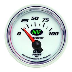 Gauge, NV, Oil Pressure, 0-100 psi, 2 1/16 in., Analog, Electrical, White, Luminescent Green Face, Each