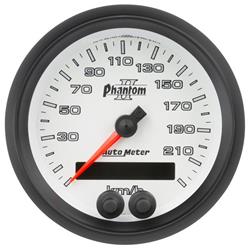 Gauges, Phantom II Speedometers, Analog, 0-225 kph, 3 3/8 in., White Face, Silver with Black Outline Numbers, Black Bezel, Electrical, Each