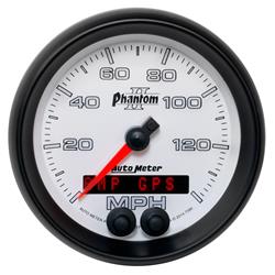 Gauges, Phantom II Speedometers, Analog, 0-140 mph, 3 3/8 in., White Face, Silver Numbers, Black Bezel, Illuminated, Electrical, Each