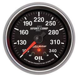 Gauge, Sport-Comp II, Oil Temperature, 140-340 Degrees F, 2 5/8 in., Black Face, Analog, Electrical, Each