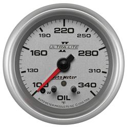 Gauges, Ultra-Lite II Analog Gauges, Oil Temperature, 100-340 degrees F, 2 5/8 in., Silver Face, Black Numbers, Silver Bezel, Electrical, Each
