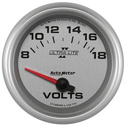 Gauge, Ultra-Lite II, Voltmeter, 8-18 V, 2 5/8 in. Diameter, Silver Face, Analog, Electrical, Each